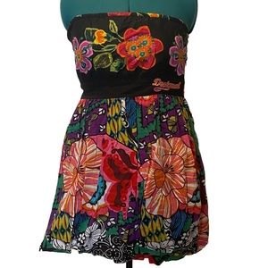 DESIGUAL Summer Cotton Strapless Convertable Cotton Floral Mini Dress. Size 12.